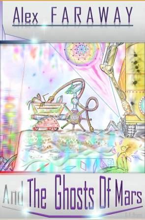 Two large robots work in a colorful landscape while a boy rests against one of them and gazes up at a psychedelic sky.